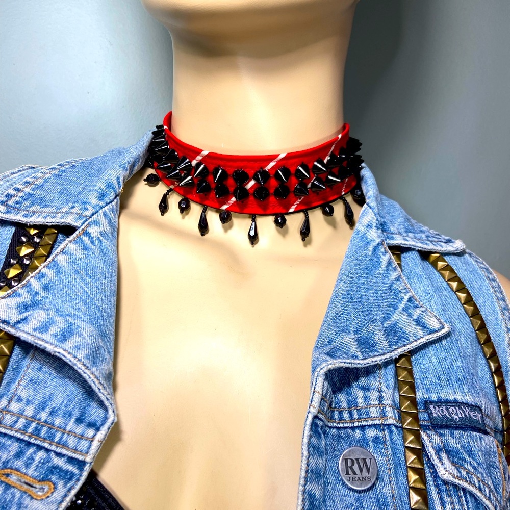 One of a kind,Handmade, Upcycled silk Mens tie sexy choker,with spike stud trim